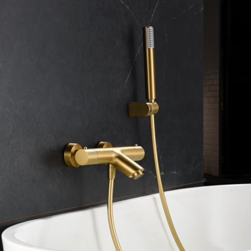 IMEX - Grifo Termostatico Bañera y Ducha Dorado | Grifo Mezclador de Pared con Soporte Alcachofa de Ducha y Manguera | Grifería en Latón y Acero Inoxidable S.304 | Serie Génova | Color Oro Cepillado