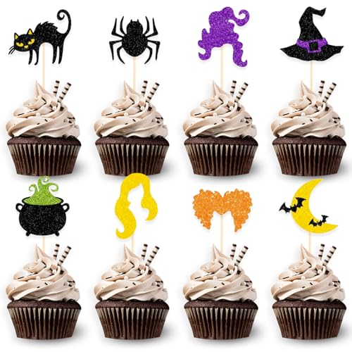 DazzJoy Tortendeko Hexe Geburtstag,24 Stück Halloween Deko Torte,Glitzer Halloween Tortendeko Katze,Hexe Muffins Deko,Halloween Party Deko Fledermaus,Spinne Halloween Cupcake Toppers Geburtstag Party