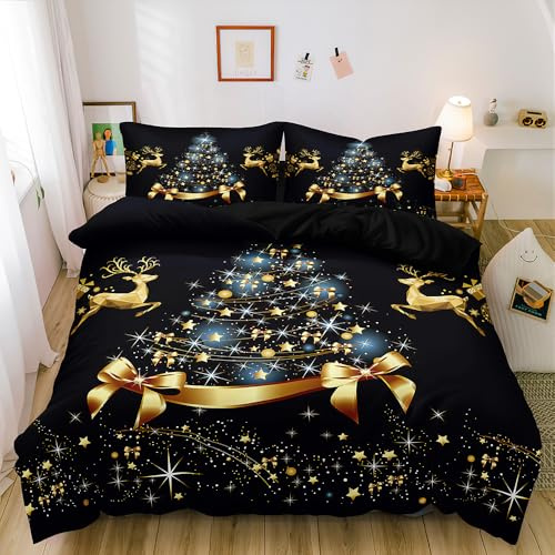 Luowei Weihnachts Bettwäsche 135x200 cm Schwarz Gold Winter Wärme Mikrofaser Bettwäsche Set Schön Praktisch Bettbezug für Teenager Mädchen Jungen mit Reißverschluss und 1 Kissenbezug 80x80 cm