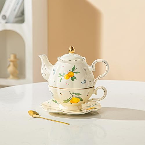 Teapot cup combo,Teapot and Teacup for One,Porcelain Tea for One Set,Teapot with Cup,Tea Cup and Saucer Set-Tea Pot Set Gift for Women(Lemon)