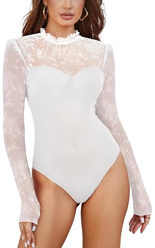 MAYFASEY Body de encaje floral para mujer, cuello alto, manga larga, malla transparente, para salir, blanco, XXL