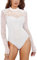 MAYFASEY Women's Floral Lace Bodysuit Mock Neck Long Sleeve Sheer Mesh Bodysuits Going Out Tops, White, XXL