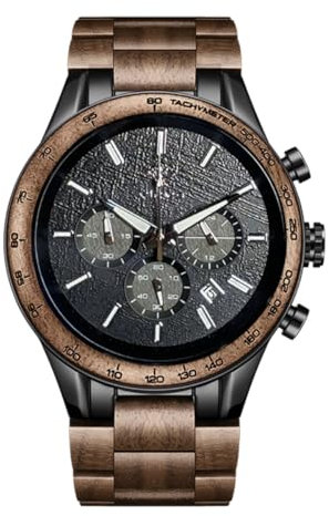 VICVS Armbanduhr aus Holz und Edelstahl für Herren, Chronograph mit 3 Zifferblättern, Quarz, Freizeit, Business, Multifunktionsuhr, aus Holz, handgefertigt (Walnut Alrakis)