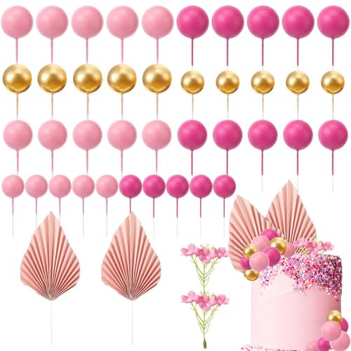 Tortendeko Kugeln, 42 Stück Boho Tortendeko, Mini-Kugel-Kuchendekoration, Papier Palmblatt, Schaumkugeln Cupcake Topper, Cupcake Topper für Geburtstag, Hochzeit, Party Dekorationen (A)