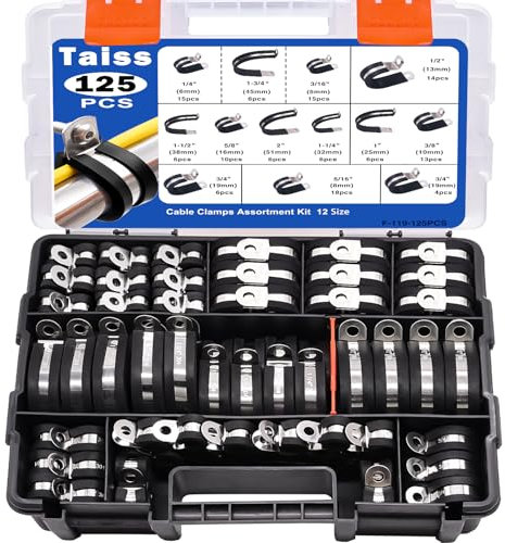 Taiss 125PCS Cable Clamps Assortment Kit 304 Stainless Steel Rubber Cushion Pipe Clamps 12 Sizes 3/16 1/4 5/16 3/8 1/2 5/8 3/4 1 1-1/4 1-1/2 1-3/4 2 Metal Wire Clamps