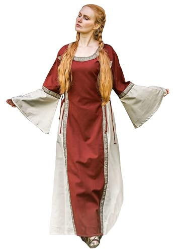 Leonardo Carbone® Damen Kleid Angie | Dekorative Bordüre | Seitliche Schnürung | Karneval, Halloween, Cosplay, LARP, Mittelalter, Kostüm, Gewand, Festkleid | 100% Baumwolle Rot/Natur S