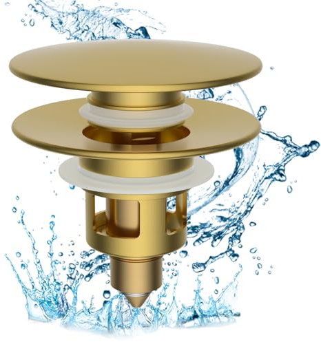 Hibbent All Metal 2 in 1 Bathroom Sink Stopper, Universal Pop Up Drain Strainer, Brass Bullet Core Push Type Sink Stopper for 1.1''~2.3'' Basin, Big Push Button, Anti Clogging Filter, Brushed Gold