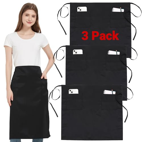 3 Stücke Taille Schürze mit 3 Taschen, Schwarz Kellnerin Kellner Schürzen Unisex, Wasserdicht Server Schürzen mit langen Riemen Bistro Schürze für Restaurant Server Arbeit Bar (3, Schwarz - 71x80cm)