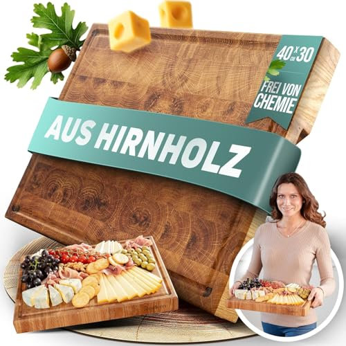 Stirnholz Schneidebrett [Eiche] Hochwertiges Holzschneidebrett, groß & massiv – Hirnholz-Küchenbrett mit tiefer Saftrille, rutschfestes & messerschonendes Holz – 30x40x2.5 cm | Reelken