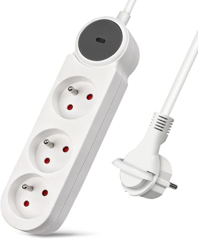Extrastar Multiprise 3 Prises avec Fiche Plate,Bloc Multiprises avec Interrupteur, Rallonge 5m 230 V avec sécurité Enfant pour Maison, Bureau, Blanc