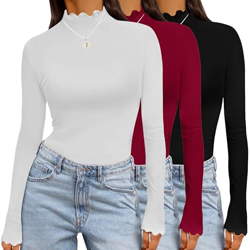 Ekouaer Womens 3 Pack Long Sleeve Shirts Turtleneck Tops for Women Stretch Fitted Thermal Undershirt Layer S-XXL,Black+White,XXL