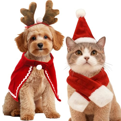 Weihnachtskostüm für Katzen, 4-teilig, Weihnachtsoutfit für Haustiere, Rentiergeweih, Stirnband, Schal, Weihnachtsmütze, Umhang für Welpen, Kätzchen, Katzen