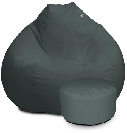 rucomfy Water Resistant Adult Slouchbag Beanbag Foostool Bundle - Grey | Huge Indoor/Outdoor Pre-Filled Armchair Seat - Home and Garden Seating - UV Resistant - Machine Washable Cover - 80x110cm