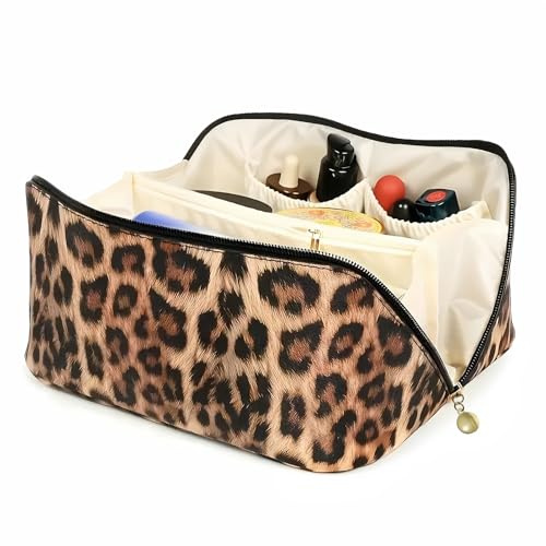 Trousse de toilette avec motif léopard - Pliable - Avec fermeture éclair - Trousse de toilette pour femme - 2 compartiments intérieurs - Grande capacité pour tous vos produits de beauté