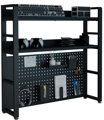 Boltmol Estante de Escritorio de 2 Niveles con diseño de Tornillos Ocultos, Negro 95CM, Organizador de Escritorio con Tablero de Ganchos