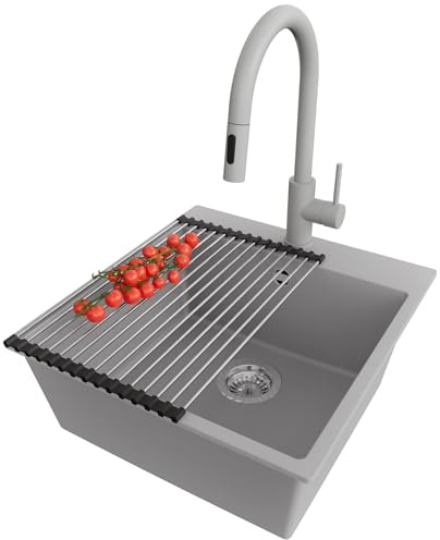 PRIMAGRAN Granitspüle ab 50er Unterschrank + Küchenarmatur, 48x50cm | Set: Küchenarmatur BW9010 + Ablauf-Set (Siphon, Ablaufgarnitur, Überlauf) + Abtropfmatte + Spülbecken 1 Becken - Riga, Grau