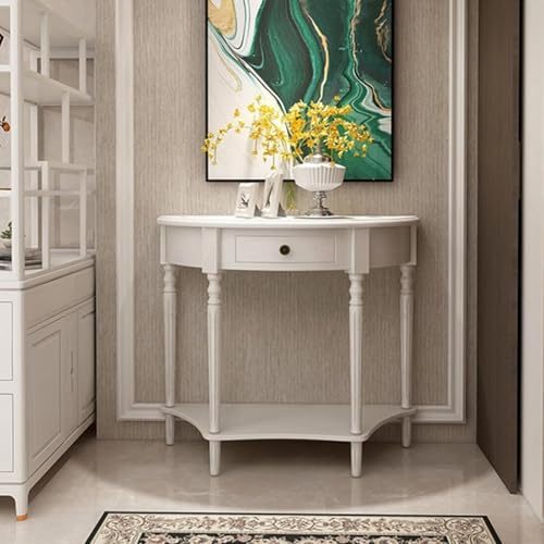 AYHARYLH Consolle a Mezzaluna in Legno Massello con Cassetti e Ripiano, Tavolo d'Ingresso Semicircolare e Tavolino per Corridoio e Decorazione d'Ingresso(White,60x30x80cm)