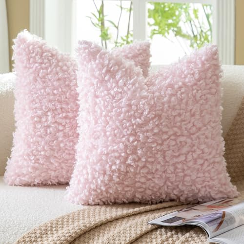 Mandioo 2er Set Kissenbezüge 50x50 cm Rosa Faux Pelz Bouclé Dekorative Sherpa Kissenbezug Dicke Flauschige Fleece Kissenhüllen Dekokissen Sofakissen Couchkissen Sessel Bett Wohnzimmer