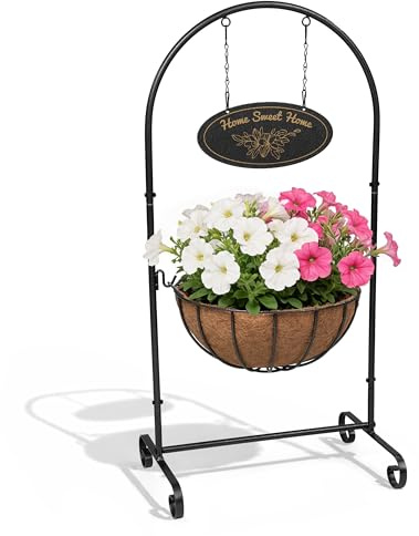 Crystals Welcome Flower Plant Planter 14in Pot Holder – Large Pre-Lined Metal Outdoor Garden Planter, Decorative Hanging Basket Style Flower Pot for Patio Porch Balcony Front Door Decor