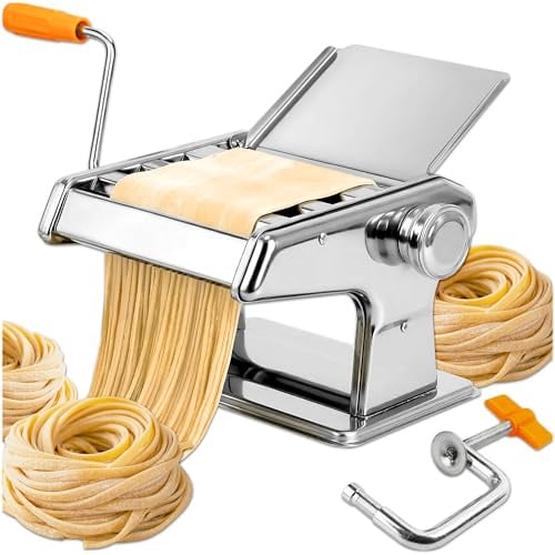 KRUMAD Nudelmaschine Manuell mit 6 Teigdicken und 2 Aufsätze aus Edelstahl, Pasta Maker für Spaghetti und Tagliatelle 14x19x20 cm, Fettuccini in Minuten, Frische hausgemachte Nudeln, Silber