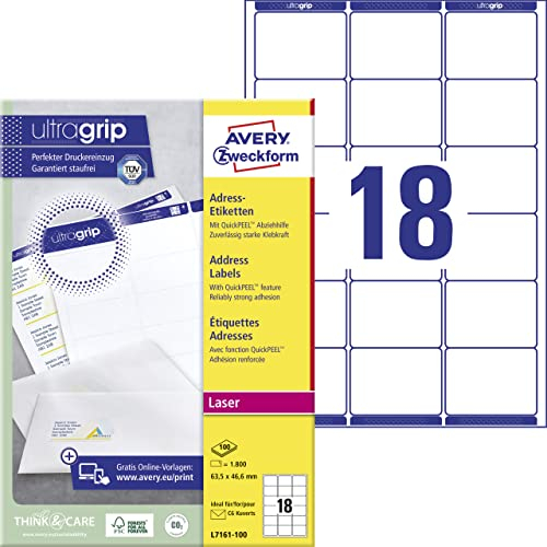 AVERY Zweckform L7161-100 Adressetiketten/Adressaufkleber (1.800 Etiketten mit ultragrip, 63,5x46,6mm auf A4, bedruckbar, selbstklebend, für DIN B6/C6 Briefkuverts, Papier matt) 100 Blatt, weiß