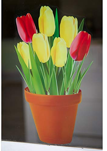 Fensteraufkleber Tulpen im Blumentopf – Fenster-Sticker mit statischer Haftung als Fenster-Deko oder Gartenschmuck am Gewächshaus –Glasaufkleber