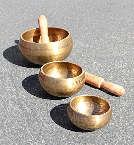 Tibetische Klangschalen-Set, Himalaya-Schale, für Chakren, Meditation, Heilung, Frieden des Herzens, Gebet, Yoga, Religion, buddhistische Schale mit 3 Schlägeln aus Holz, 3 Stück