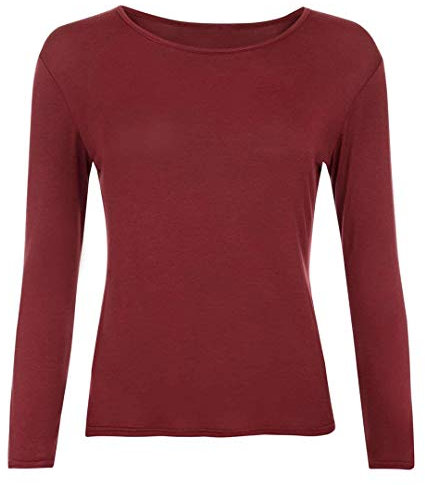 Ladies Womens Plain Long Sleeve Round Neck Top Basic T Shirt Layering Plus Sizes UK 8-26 (XL (UK 16-18), Wine)