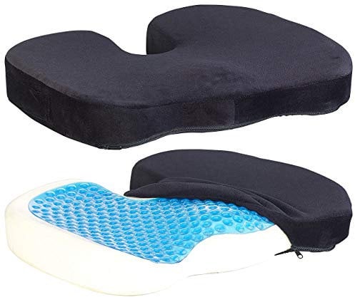 newgen medicals Sitz-Kissen: 2er-Set Memory-Foam-Sitzkissen mit Gel-Schicht und Anti-Rutsch-Bezug (Sitzkissen Autos, Rollstuhlsitzkissen, Bürostuhl)