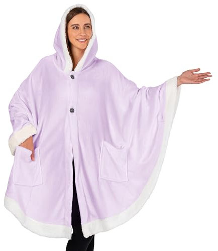 PAVILIA Tragbare Decke für Erwachsene und Frauen, gemütliche Plüsch-Fleece-Decke, Poncho-Umhang mit Kapuze, superweicher Schal, Engels-Überwurf für Büro, Lavendelviolett