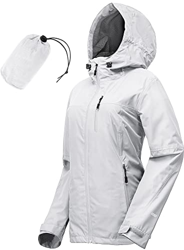 33,000ft Regenjacke Damen Wasserdicht Outdoorjacke Atmungsaktiv Herbst Übergangsjacke Leichte Jacke mit Kapuze Windbreaker zum Wandern Reisen Treking Fahrrad hellgrau 46