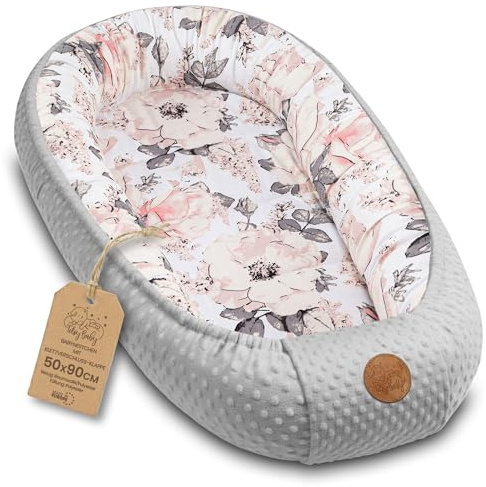 Warmes Nestchen Baby 90x50 cm - Kuschelnest Neugeborene Nestchen Winter/Herbst Kokon Babynest Wilde Rose Grau