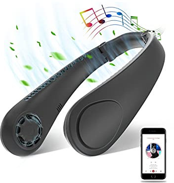 Tragbarer Ventilator, Mini USB Ventilator, Mini Nackenventilator mit Bluetooth-Musikfunktion, Keine Lüfterblätter Leise Halsventilator, 3 Gang, Wiederaufladbar Nackenbügel Ventilator