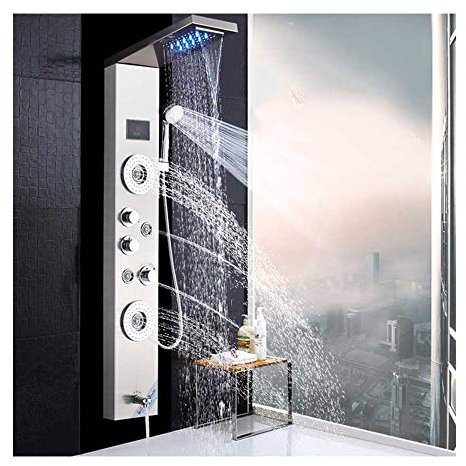 SXLSZ Panneau de Douche Hydromassante Colonne de Douche en INOX Affichage Numérique Ensemble de Douche avec LED Tête de Douche,Brushed Nickel