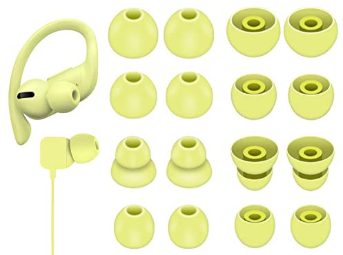 8 Pairs Powerbeats Pro Ear Tips Buds, 4 Size Replacement Soft Flexible Fit in Case Noise Reduce Silicone Gel Earbuds Eartips Wing Skin Accessories Compatible with Beats Flex/BeatsX - Spring Yellow