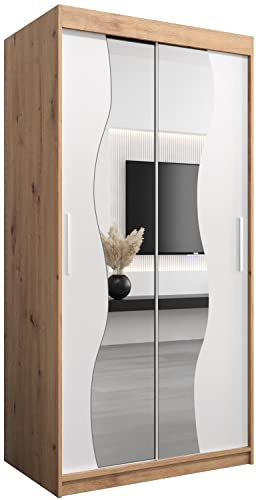 KRYSPOL Schwebetürenschrank Madryt 100 cm mit Spiegel Kleiderschrank mit Kleiderstange und Einlegeboden Schlafzimmer- Wohnzimmerschrank Schiebetüren Modern Design (Artisan Eiche + Weiß)