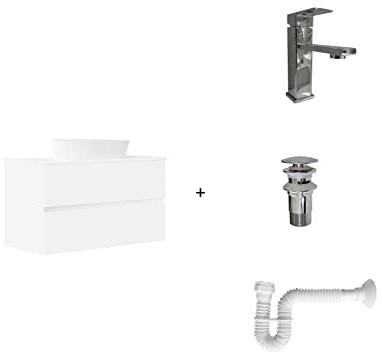 Baikal Pack solución Completa, Incluye: Mueble de Baño, Lavabo cerámico, Grifo, Sifón Extensible y Válvula de desagüe, Mueble MONTADO, Entrega Todo en uno, 2 Cajones Sin Espejo 100 cm Blanco