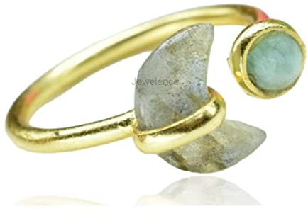 14K Gold Overlay 925 Sterling Silber Ring für Damen Echter Labradorit Amazonit Ring Verstellbarer Sterling Silber Boho Ring Blauer Edelstein Mondring