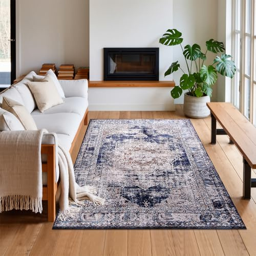 Calore Teppich Wohnzimmer, Teppiche Vintage rutschfeste Kurzflor Teppich für Schlafzimmer, Wohnzimmer, Esszimmer, Küche, Eingang (Retro/Marineblau, 80×120 cm)