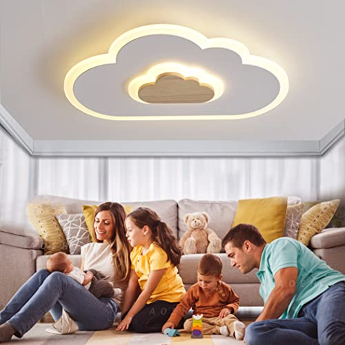 AOEH Lámpara de techo LED para dormitorio infantil, lámpara de techo para niños, nubes, lámpara de techo de madera, 36 W, atenuación continua con mando a distancia, con función de luz nocturna, 60 cm