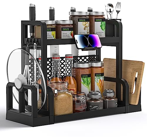 Lucomb 2 Etagen Organizer und Aufbewahrung unter der Spüle, Badezimmer- und Küchenorganisation mit Haken, hängenden Tassen, Mehrzweck-Küchenregal für Zuhause