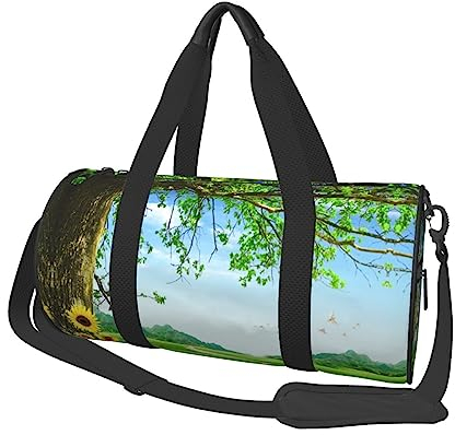 Grüne Pflanzen Bäume Gras bedruckte runde Seesack leichte Reisetasche Sporttasche für Männer und Frauen, Schwarz , Einheitsgröße