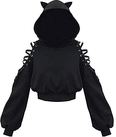Edhomenn Women Hoodies Fashion Printing Sweatshirt Long Sleeve Cute Ear Cat Off Shoulder Crop Top Pullover Ladies Halloween Clothes