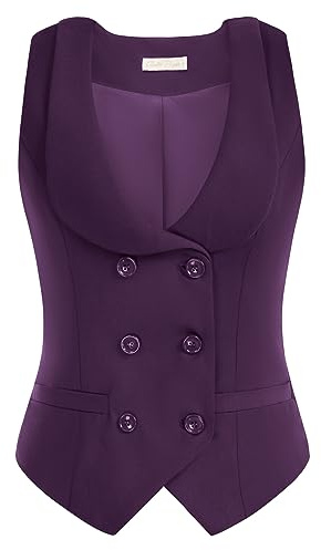 Belle Poque Gilet da donna con risvolto curvo scollo a V Gilet a quadretti con due tasche orlo geometrico tinta unita giacca, Viola scuro, M