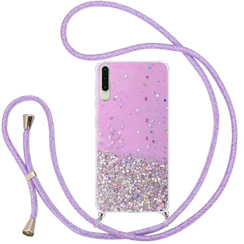 Pepmune für Samsung Galaxy A50 Glitzer Handyband Handyhülle mit Kordel Umhängenhülle Durchsichtig Hülle mit Band Transparent Silikon Hülle Case Schutzhülle für Samsung Galaxy A50 Lila