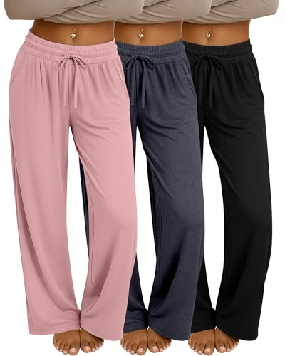 Neer Lot de 3 Pantalons de Jogging à Jambes Larges pour Femme - Pantalon de Yoga Confortable avec Cordon de Serrage - Pantalon de Jogging décontracté