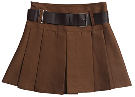 Damen Mit Gürtel Falten Halbrock Kurzer Rock Hohe Taille A Linie Regenschirmrock Minirock High Waist Damenrock Kurze Plissee Röcke Kurz Streetware Plisseerock Sexy Mini Faltenrock (Coffee, M)