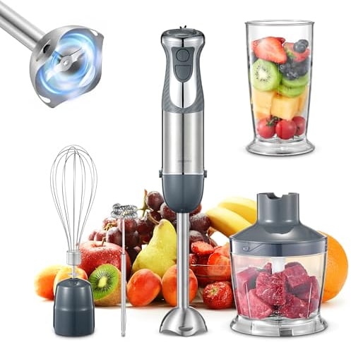 5-en-1 Mixeur Plongeur, Reemix Mixeur Plongeur de 1000W avec 12 Vitesses et mode turbo, Mélangeur avec Fouet Cuisine Mousseur à Lait Hachoir de 500ml Verre Doseur de 600ml sans BPA (gris)