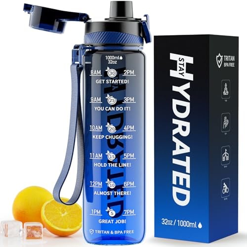Mevoly Botella Agua, 1 Litro Botella Agua Gimnasio sin BPA con Marcador de Tiempo, Plastico Botella de Agua Deportiva Motivacional, Cantimplora 1L para Gym, Colegio, Bicicleta