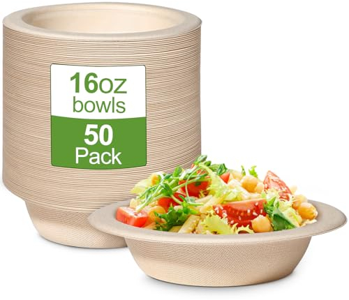 GREENESAGE Lot de 50 bols à soupe jetables en carton marron - 470 ml - En canne à sucre - Vaisselle jetable - Bols à soupe bio - Ronds - Compostables